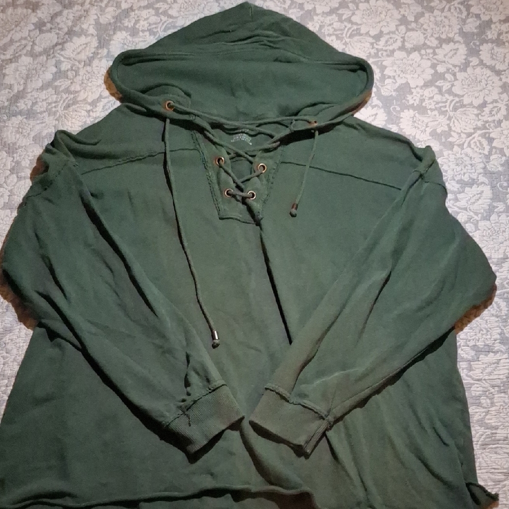 aerie Womens Forest Green Lace-Up Hooded Crewneck Sweatshirt